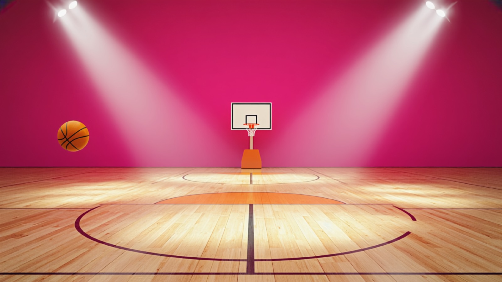 Basketballparkett von oben mit markierten Linien und einem Korb, Halbtonraster in warmen Farben