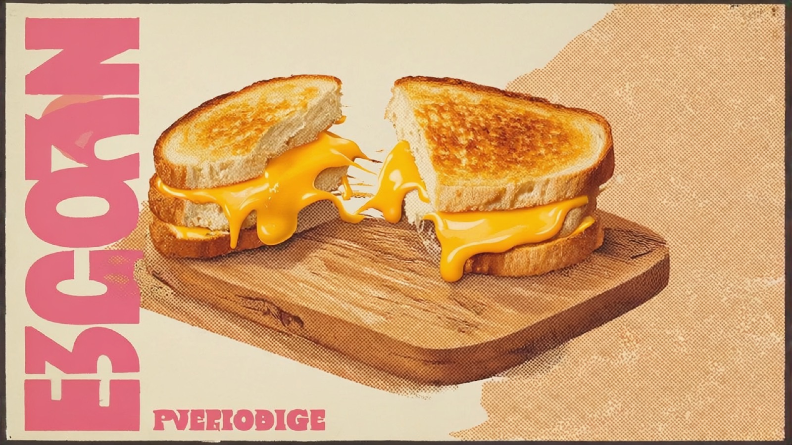 Ein goldbraun gebratenes Käsesandwich, aufgeschnitten mit fließendem Käse, Halbtonraster in warmen Tönen