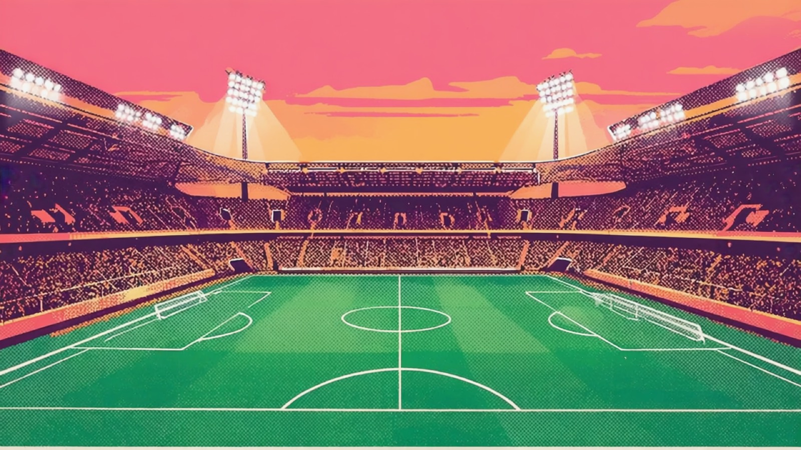 Stadionatmosphäre bei einem Abendspiel, Tribünen in warmem Licht, Halbtonraster in Pink und Orange
