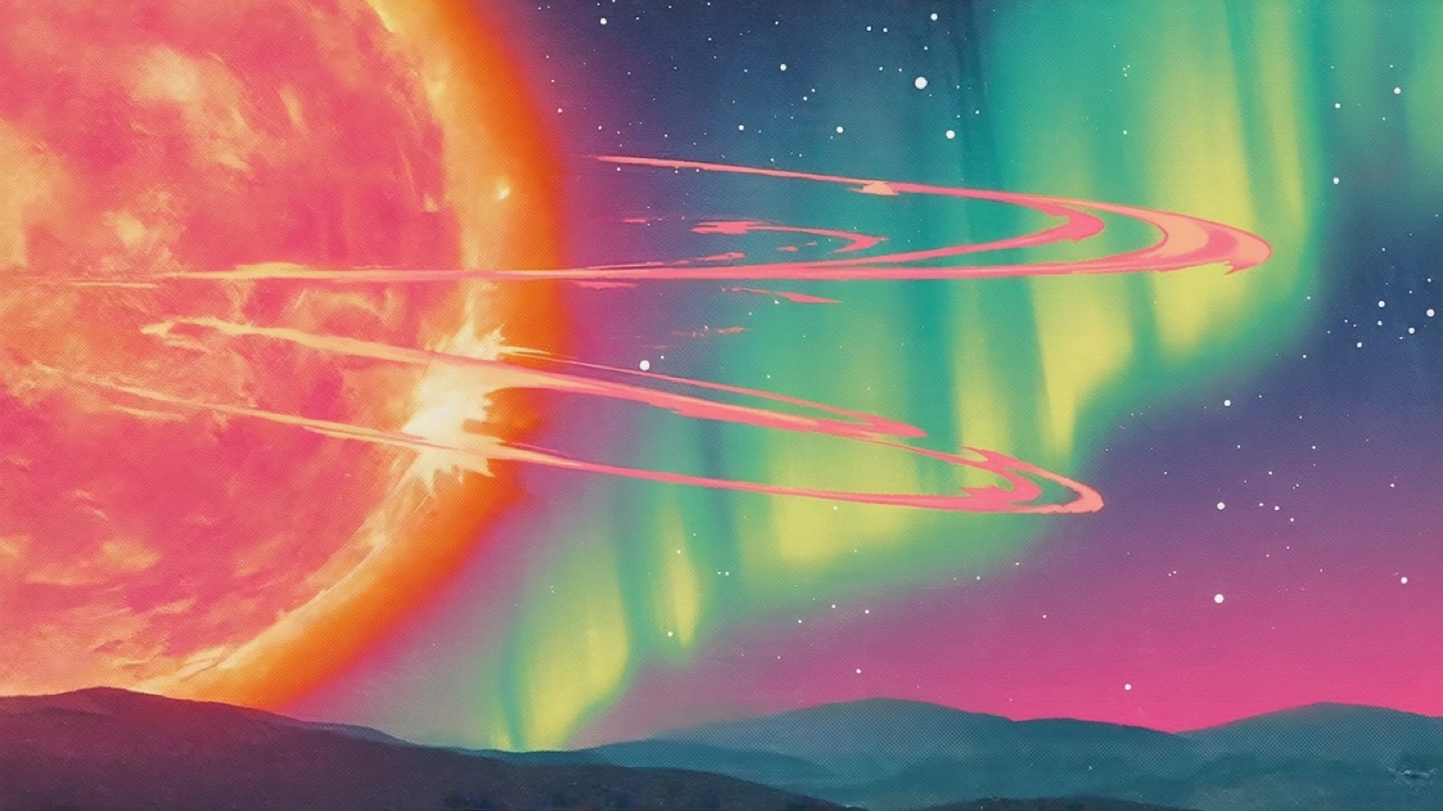 Abstrakte Darstellung eines Polarlichts in grünen und rosa Schleiern über einem dunklen Horizont, Halbtonraster